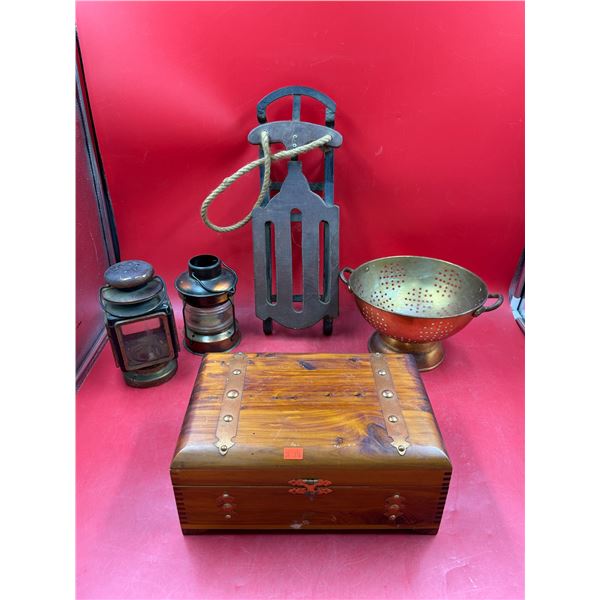 Vintage Collectibles: Mini Sled, Strainer, Wooden Chest, & Lanterns