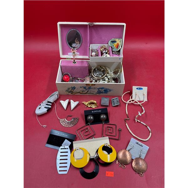 Jewelry Box With Assorted Jewelry: Earrings, Necklaces, Brooches