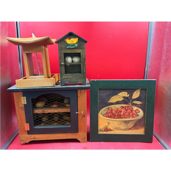 Vintage Collectible: Egg Houses, Bird Feeder, & Cabinet