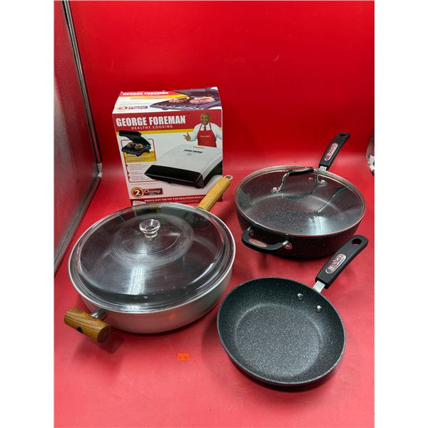 (3) Pans & George Foreman Grill