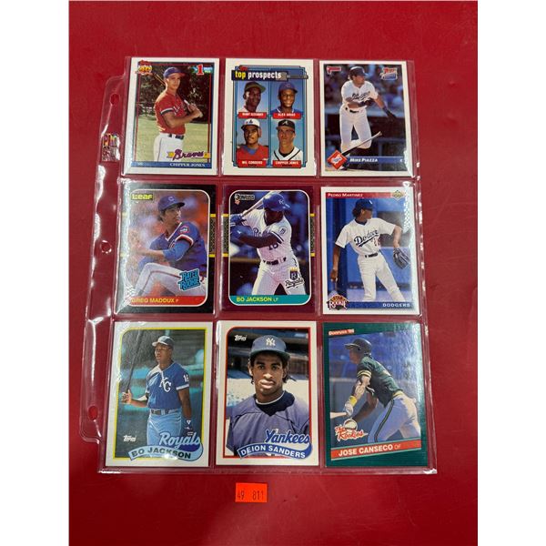 (9) Vintage Baseball Cards: Bo Jackson, Chipper Jones, Mike Piazza, Deion Sanders, Jose Canseco, & M