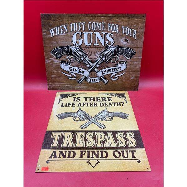 (2) N.O.S Gun Themed Tin Signs