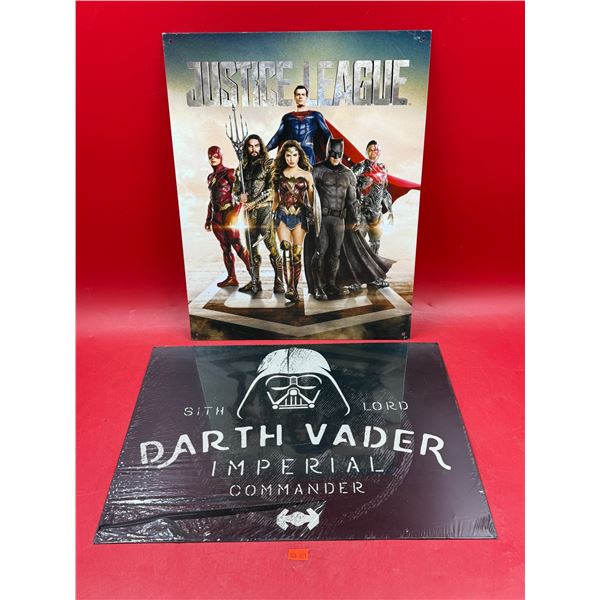 (2) N.O.S Movie Themed Tin Signs: Justice League & Darth Vader