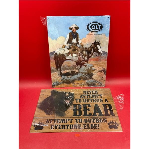 (2) N.O.S Tin Signs: Colt & Bear Themed
