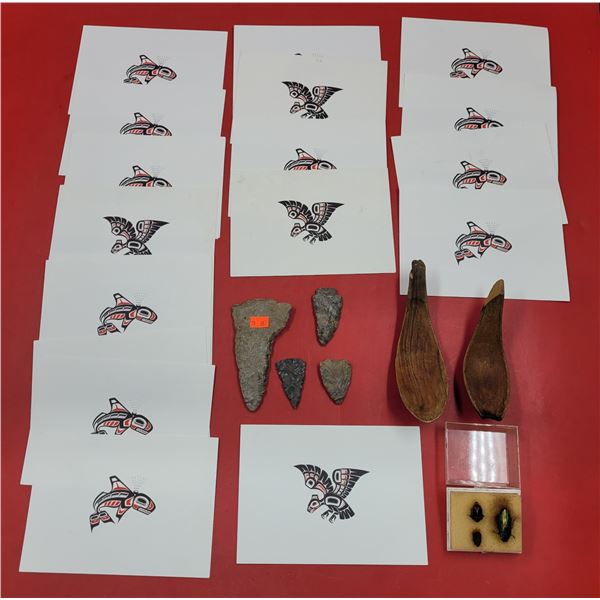 First Nations Collectibles & Taxidermy Bugs: Cards, Wooden Spoons, Ground Find Arrowheads