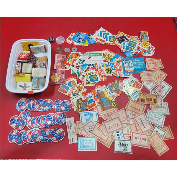 Vintage Matches & Ephemera: Milk Glass Cardboard Toppers, Nabob Cards, Squirrel Peanut Butter Cards,