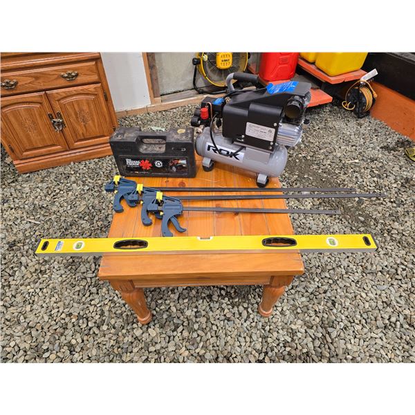 408 --RDX AIR COMPRESSOR, TIRE CHAINS, LEVEL AND RATCHET BAR CLAPS