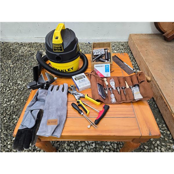 428 -- STANLEY MINI VACCUM, MINI VICE, WELDING GLOVES AND MORE