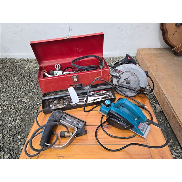 430 --SKILSAW, MAKITA PLANER AND BOX OF MIXED TOOLS