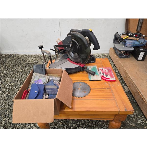 432 -- CHOPSAW AND MIXED BOX OF TOOLS
