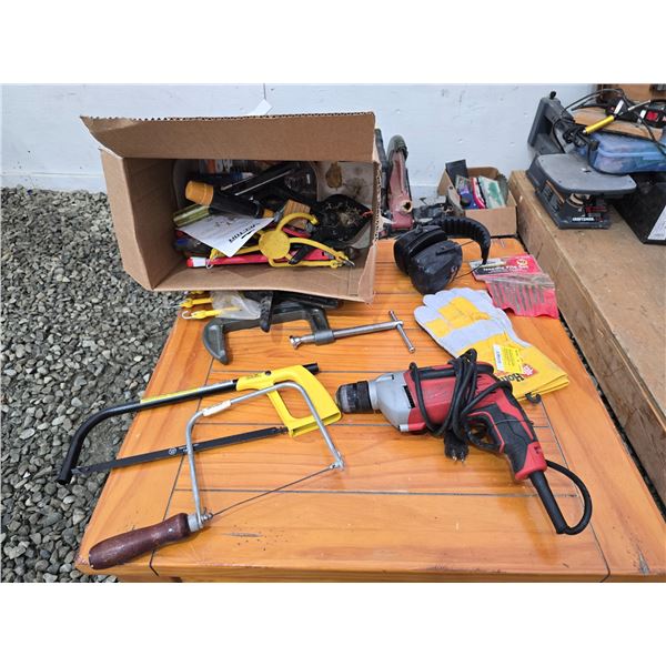 434 --MILWAUKE DRILL, HACKSAW AND BOX OF MIXED ITEMS