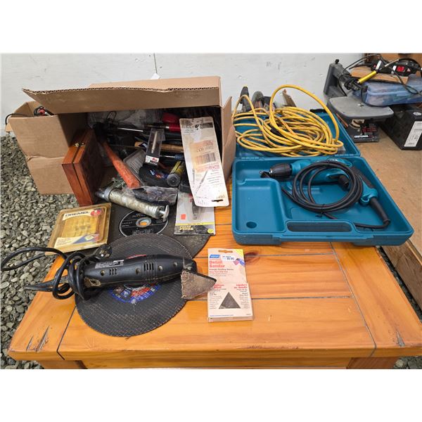 436 --MAKITA DRILL, EXTENSION CORD AND BOX OF RANDOM TOOLS