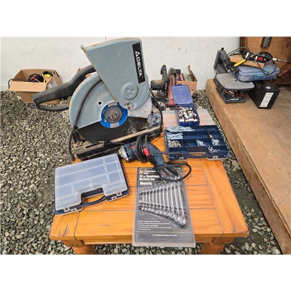 437 -- DELTA CHOP SAW, BOSCH DRILL, WRENCHES AND MORE