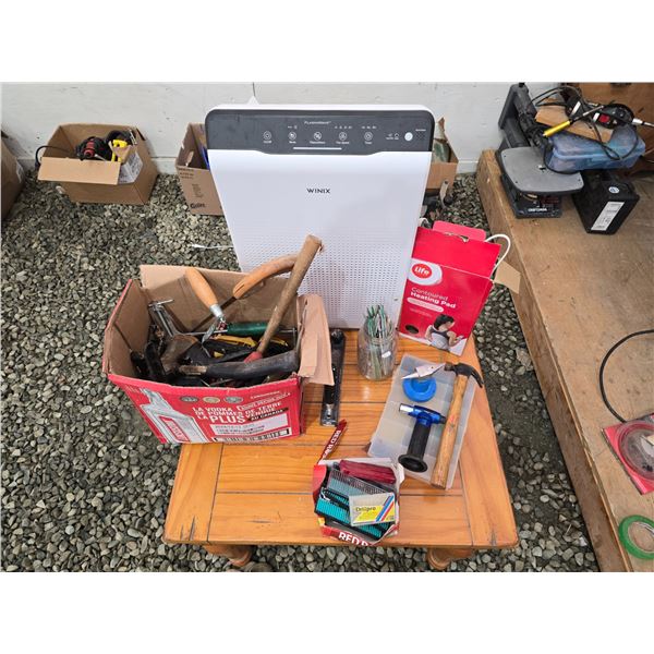 439 --WINIX AIR PURIFIER, HEATING PAD AND MIXED BOX OF TOOLS