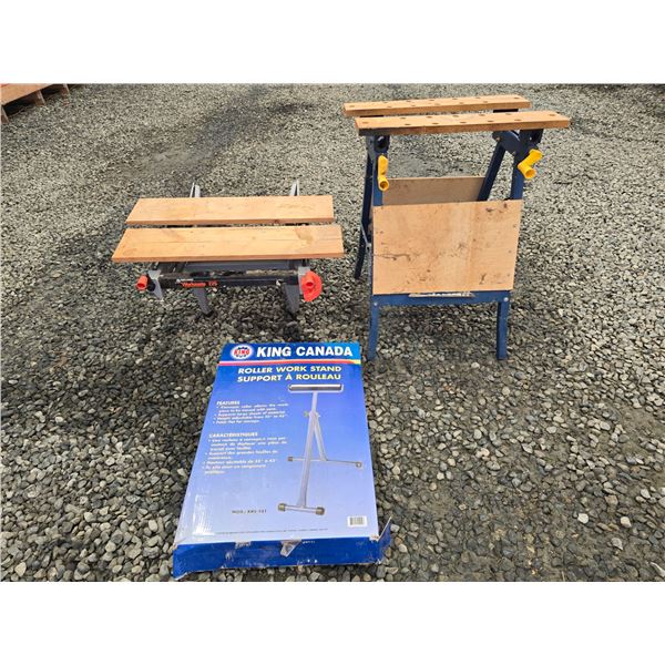 447- KING CANADA ROLLLER WORK STAND, AND 2 PORTABLE SHELVES