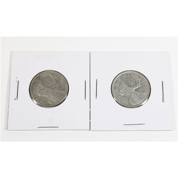 #73 1950 + 1951 Canada 25 Cents Silver Quarters