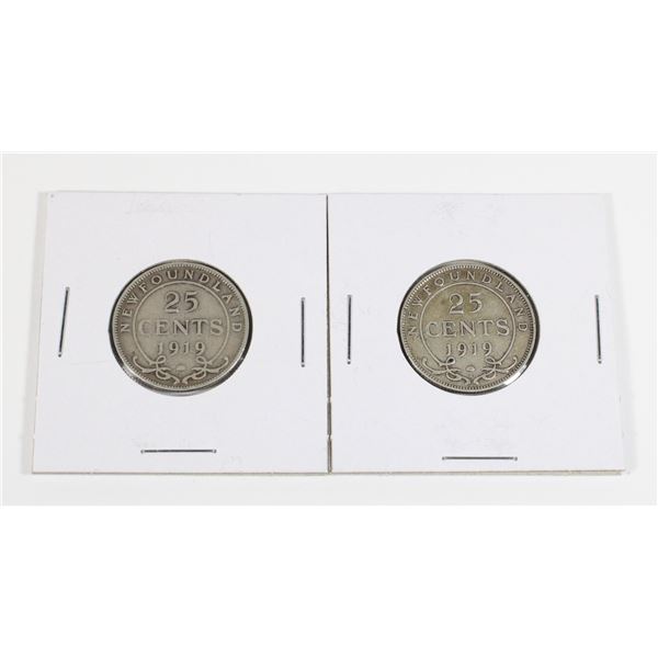 #92 1919 25 Cents Newfoundland Silver Coin Lot X2