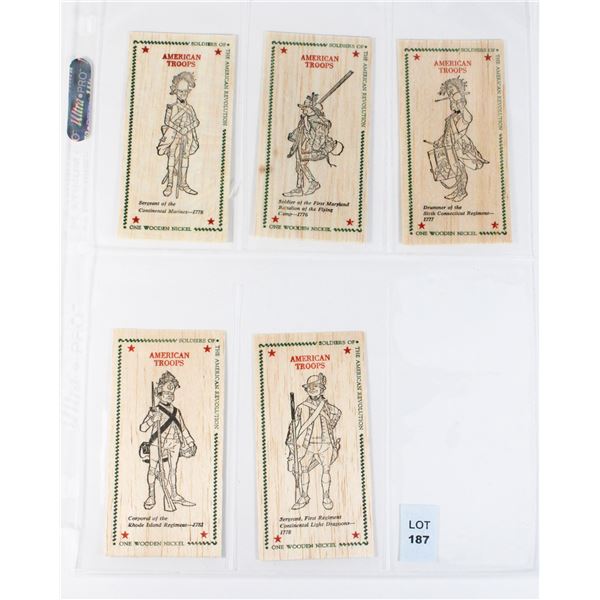 #187 Set 5 American Troops Wooden Nickels 1970's