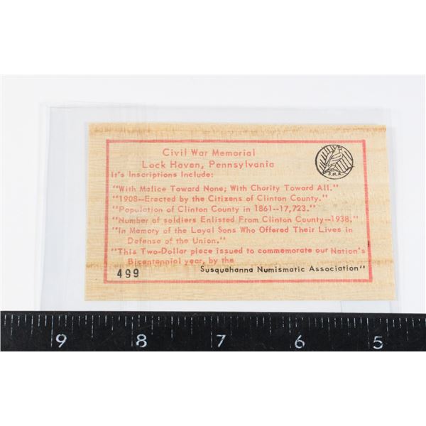 #199 1776 1976 Civil War Memorial Wooden Note
