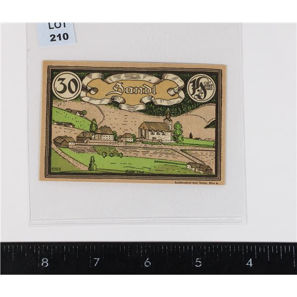 #210  Post WW1 Austrian 1920 30 Heller Paper Money