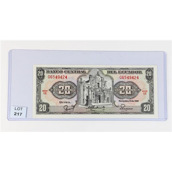 #217 1988 Ecuador 20 Sucres Banknote Bill