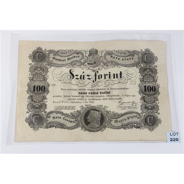 #220 Rare 1848 Hungarian 100 Forint Banknote