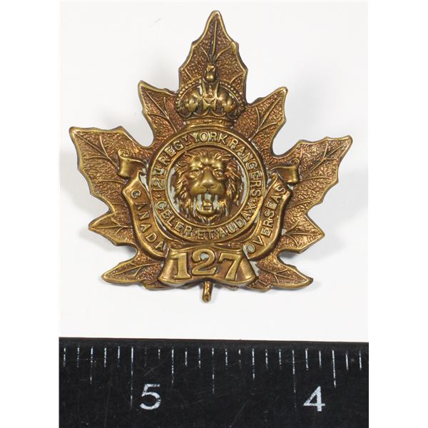 #333 WW1 127th CEF 12th Reg York Rangers cap badge