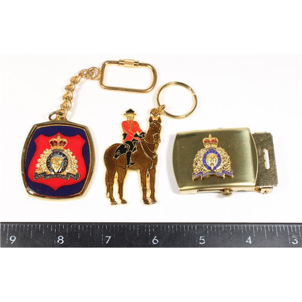 #626 3 RCMP Souveniers - Belt buckle, key chains