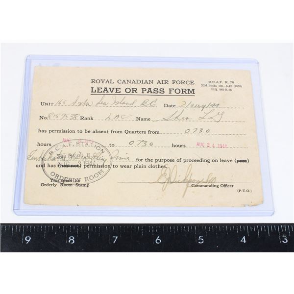 #724 WW2 Royal Canadian Air Force Leave Pass