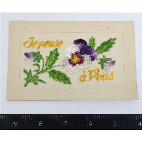 #808 WW1 Silk Postcard Oct 2 1915 Je Pense à Vous