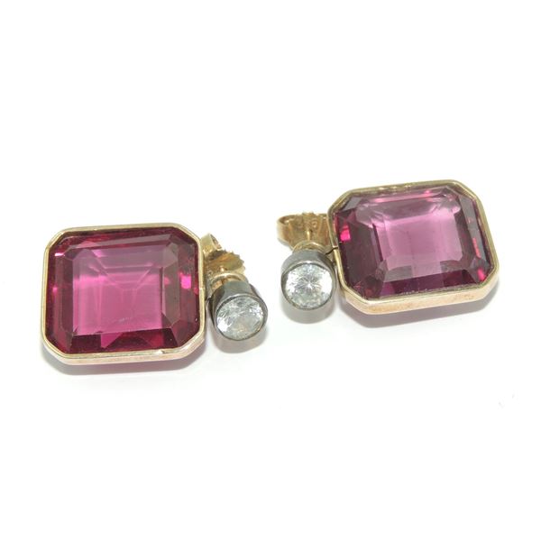 #1512 9K Gold Ladies Earrings w/ Diamond + Stones