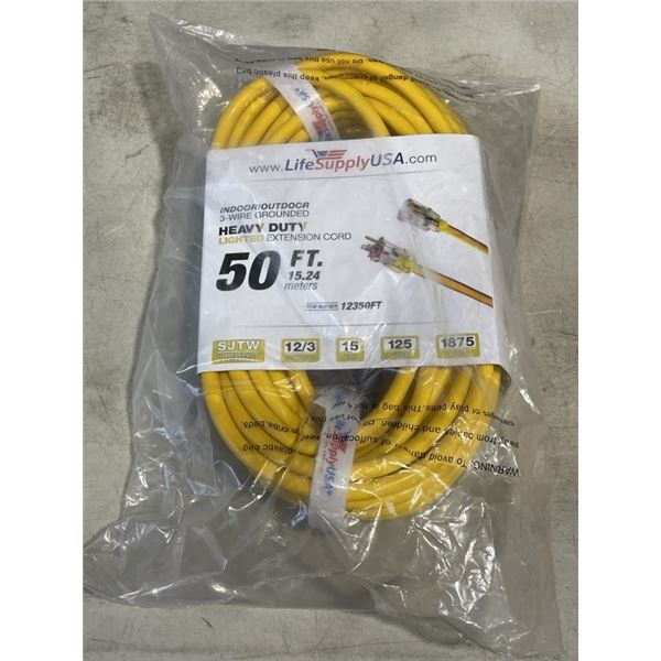 NEW 50FT INDOOR OUTDOOR HEAVY DUTY LIGHTED 3 WIRE EXTENSION CORD, 12AWG, YELLOW