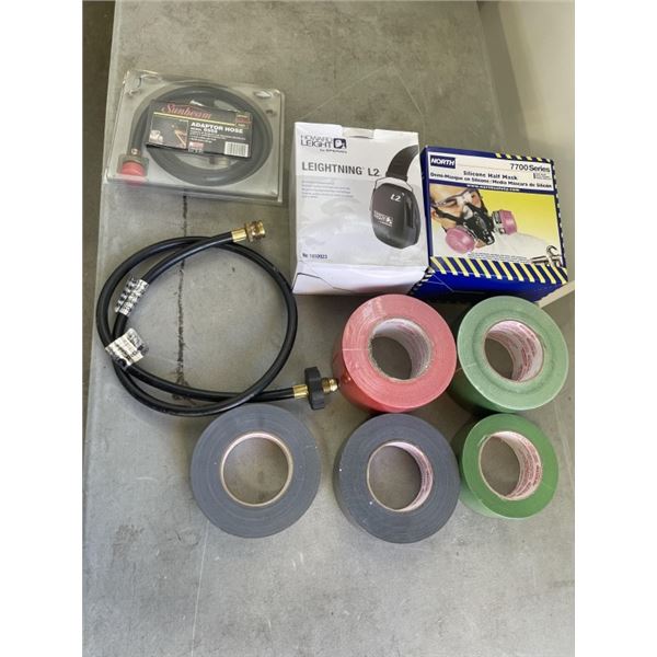 PROPANE HOSE ADAPTERS AND 5 ROLLS NEW TAPE AND SILICON HALF MASK AND LEIGHTNING L2 HEARING PROTECTIO