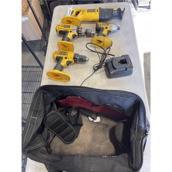 BAG OF DEWALT TOOLS  W/ BATTERY CHARGER - NO BATTERIES