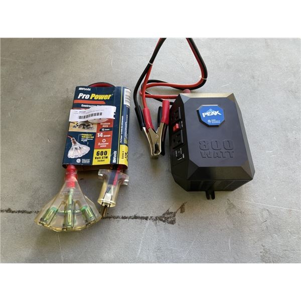 PEAK POWER INVERTER 800 WATT AND PRO POWER 1 METER EXTENSION CORD WITH TRIPLE PLUG 14 GAUGE