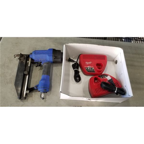 2  M12 MILWAUKEE BATTERY CHARGERS AND PNEUMATIC NAILER