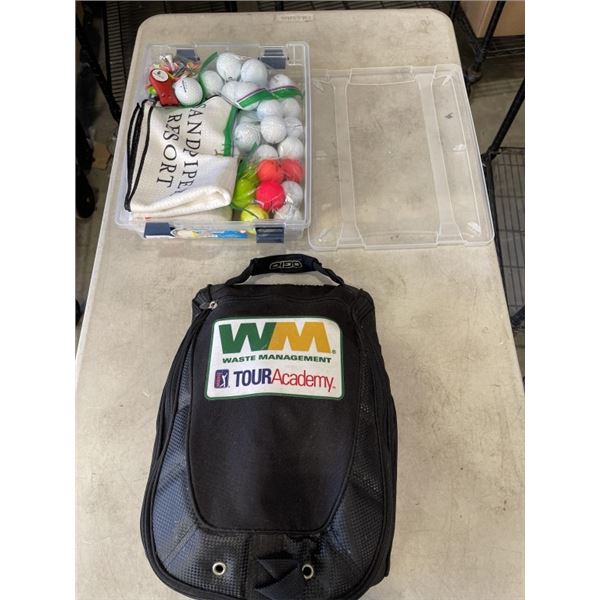 MENS SIZE 11 GOLF SHOES IN BAG, AND LOT OF GOLF BALLS AND TOWELS