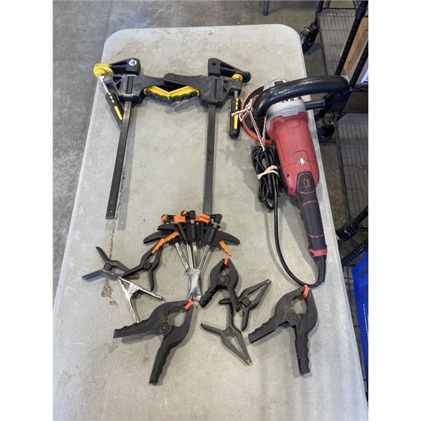 7" POLISH SANDER AND BOX OF CLAMPS