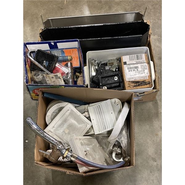 2 BOXES OF ASSORTED RV PARTS AND HARDWARE, LIGHTS TAPS ETC