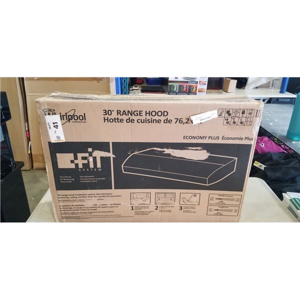 WHIRLPOOL 30 IN STAINLESS KITCHEN RANGE HOOD DENT ON CORNER FROM FREIGHT DAMAGE UNUSED