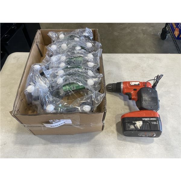 BLACK AND DECKER DRILL WITH CHARGER AND 24 NEW PAIRS OF SAFETY GOGGLES