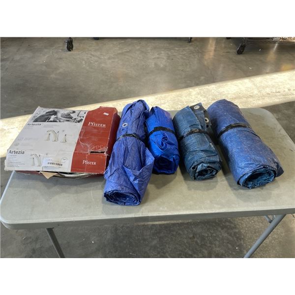4 ASSORTED SIZE TARPS, AND BATHROOM VANITY TAP SET