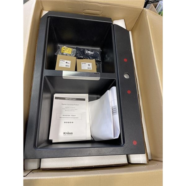 KRAUSS DUAL MOUNT 50/50 DOUBLE BOWL GRANITE SINK, HAS BROKEN OFF CORNER, PIECE IS INCLUDED