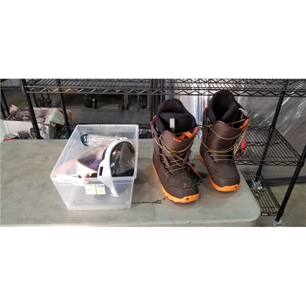 SIZE 11 BURTON SNOWBOARD BOOTS AND SWIMMING FULL FACE MASKS