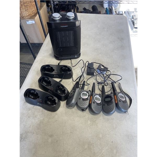 LOT OF WALKIE TALKIES AND CHARGERS AND SPACE HEATER
