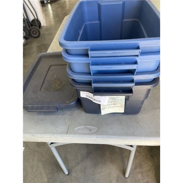 4 RUBBERMAID TOTES WITH 3 LIDS
