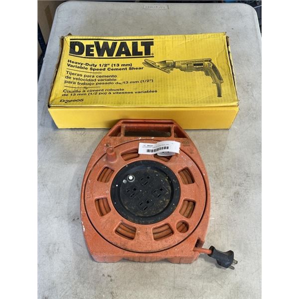 EXTENSION CORD IN CORD REEL AND DEWALT HEAVY DUTY 1/2" CEMENT SHEAR