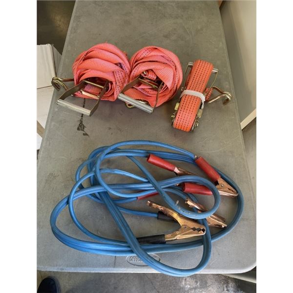 3 HEAVY DUTY LOAD STRAPS AND JUMPER CABLES
