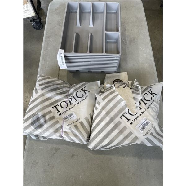 2 NEW BOHO BLACK ON BEIGE CURTAIN PANELS AND STACK OF NEW PLASTIUC CUTLERY TRAYS