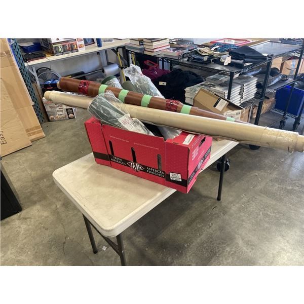 BOX OF CARPET RUNNERS AND ROLLS OF LEATHER FABRIC